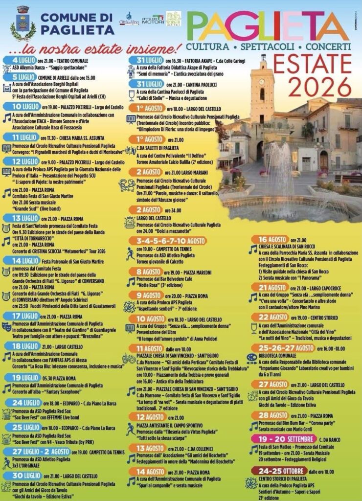 Paglieta Estate 2026: due mesi di eventi tra tradizioni, musica, cultura e sapori d'Abruzzo paglieta